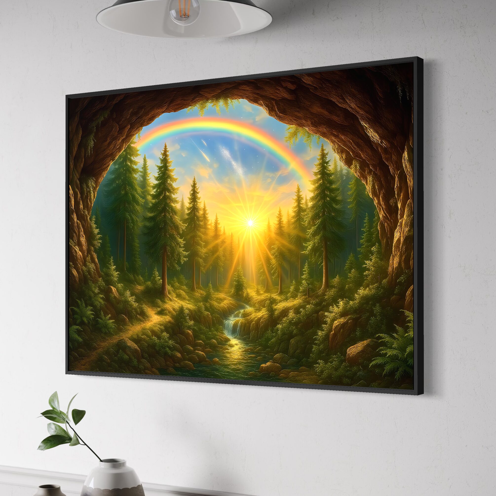Naissance du Jour – Tableau Paysage Fantastique | SPEKTRA Tableau Naissance du Jour représentant un paysage fantastique avec lever de soleil lumineux, forêt verdoyante, rivière et arc-en-ciel dans un intérieur contemporain