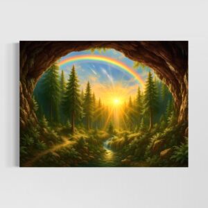 Tableau Naissance du Jour représentant un paysage fantastique avec forêt enchantée, lever de soleil lumineux, rivière et arc-en-ciel majestueux