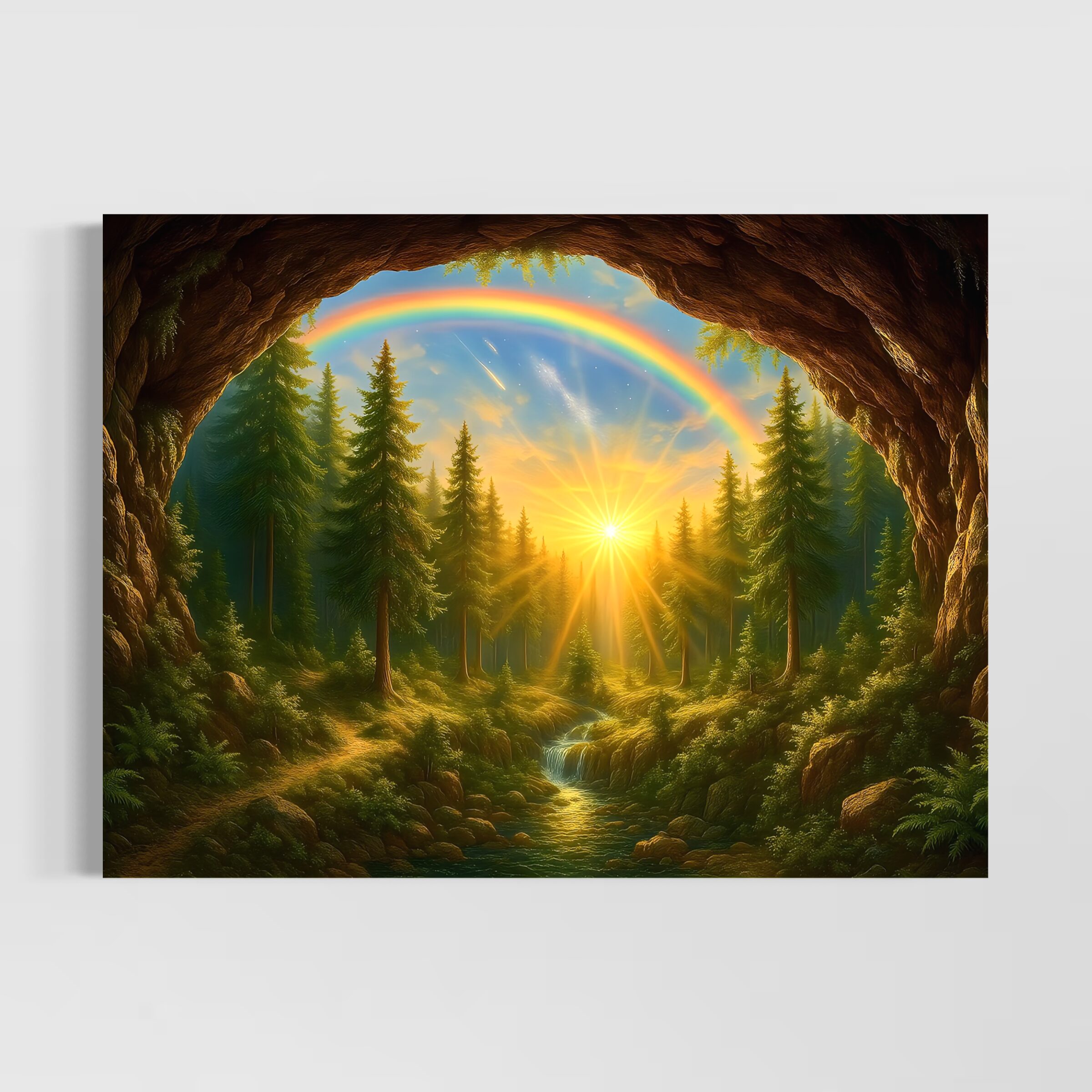 Naissance du Jour – Tableau Paysage Fantastique | SPEKTRA Tableau Naissance du Jour représentant un paysage fantastique avec forêt enchantée, lever de soleil lumineux, rivière et arc-en-ciel majestueux