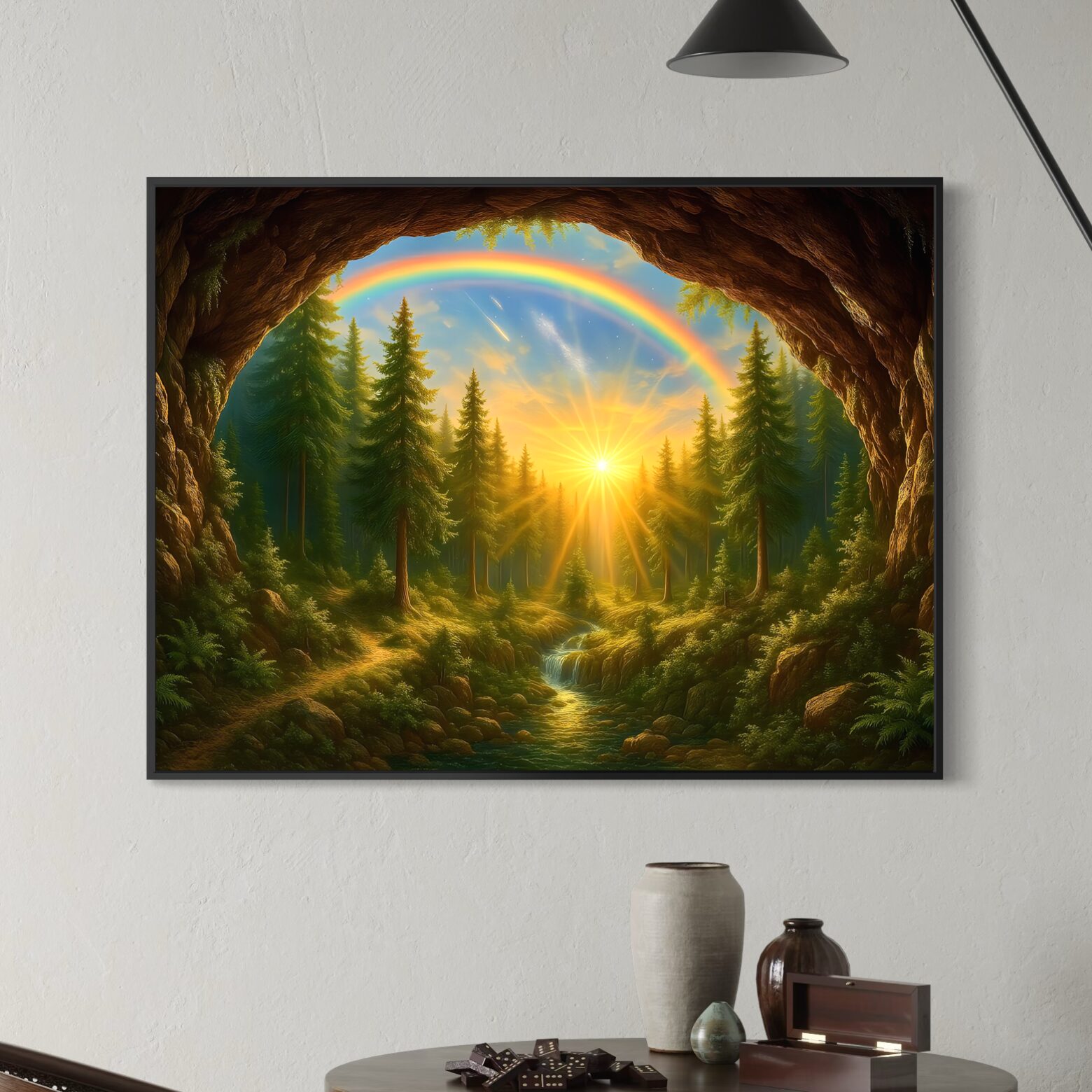 Naissance du Jour – Tableau Paysage Fantastique | SPEKTRA Tableau Naissance du Jour représentant un paysage fantastique avec lever de soleil rayonnant, forêt verdoyante et arc-en-ciel dans un intérieur contemporain