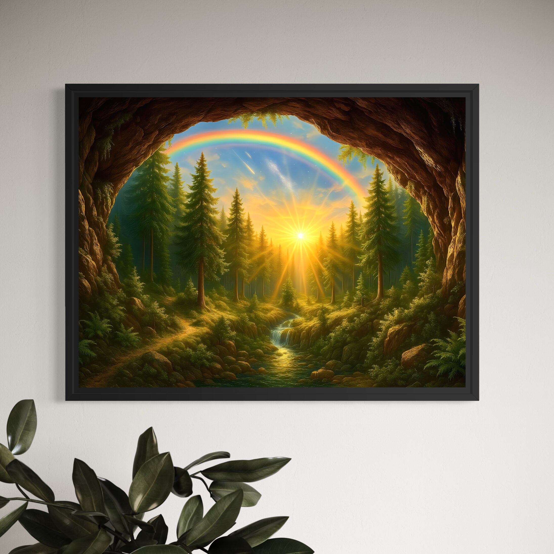 Naissance du Jour – Tableau Paysage Fantastique | SPEKTRA Tableau Naissance du Jour représentant un paysage fantastique avec lever de soleil rayonnant, forêt verdoyante et arc-en-ciel dans un intérieur contemporain