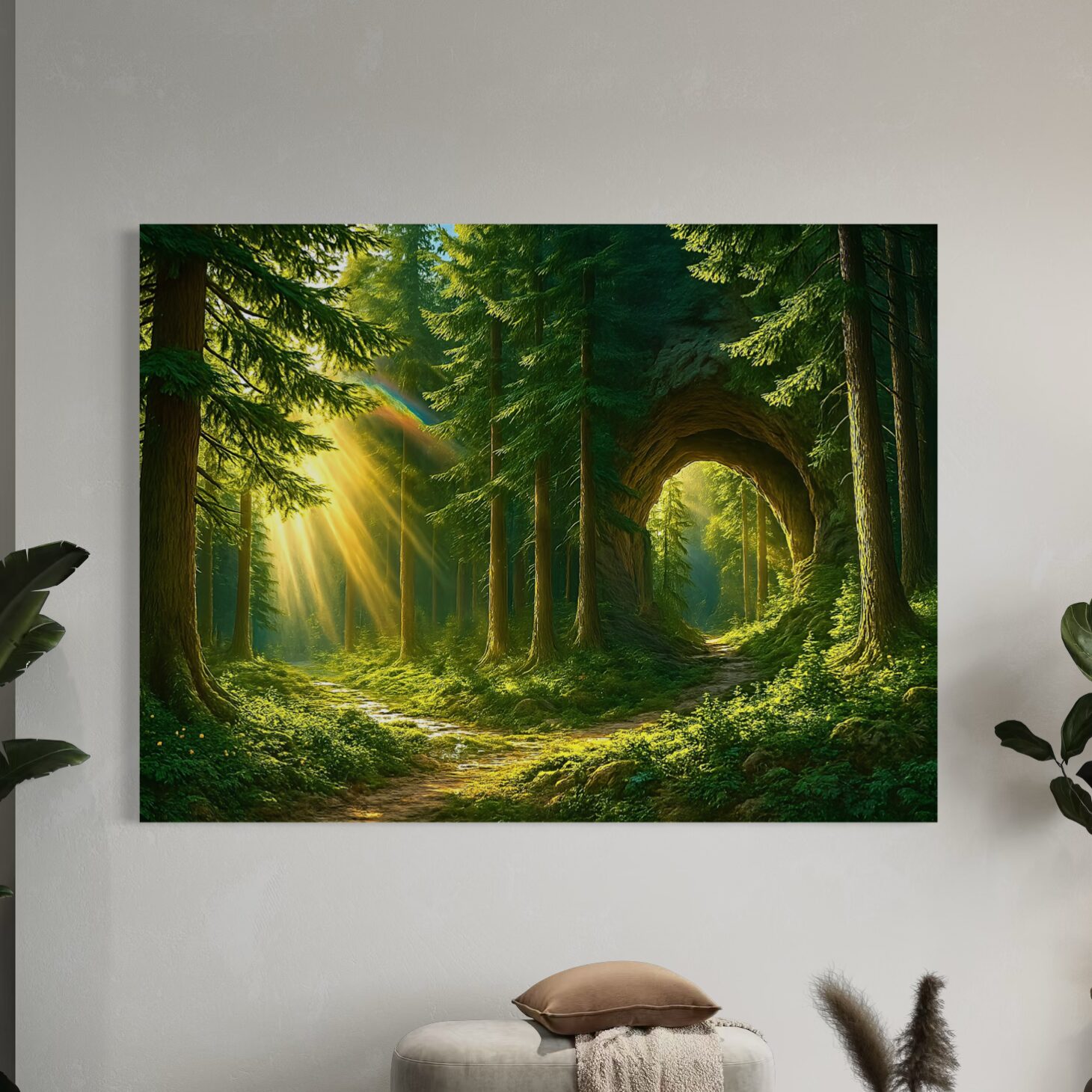Tableau nature zen Murmure des Bois représentant une forêt lumineuse traversée par des rayons de soleil dans un intérieur contemporain