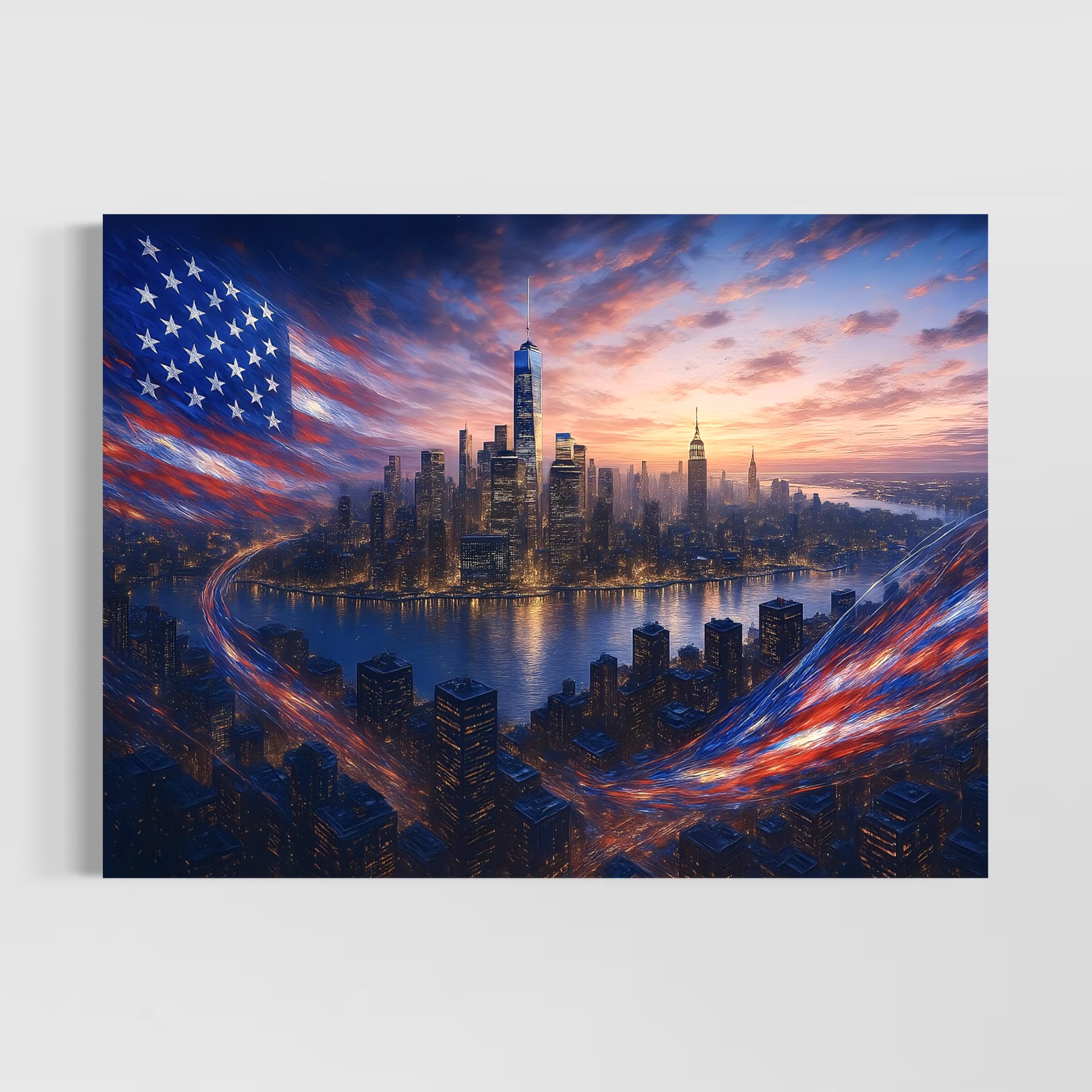 Tableau New York American Dream – Skyline Américaine | SPEKTRA Tableau New York American Dream avec skyline de Manhattan, drapeau américain et gratte-ciels au coucher du soleil