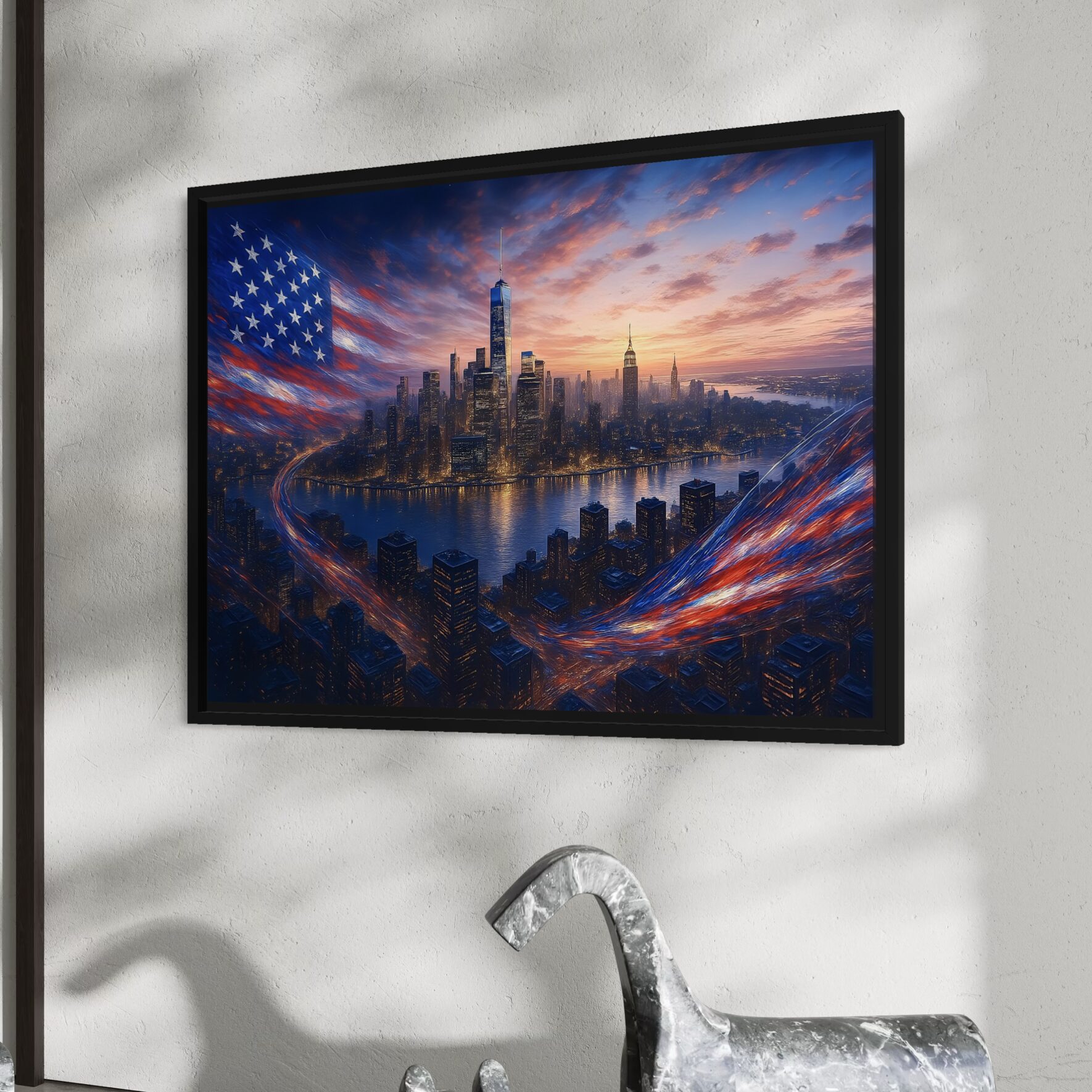 Tableau New York American Dream – Skyline Américaine | SPEKTRA Tableau New York American Dream représentant la skyline de Manhattan avec le One World Trade Center et les couleurs du drapeau américain
