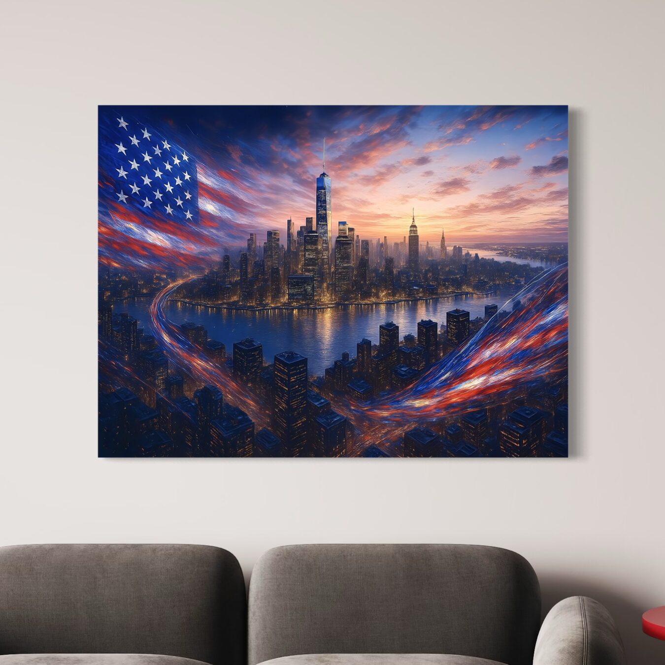 Tableau New York American Dream – Skyline Américaine | SPEKTRA Tableau New York American Dream avec skyline de Manhattan, gratte-ciels emblématiques et drapeau américain au coucher du soleil