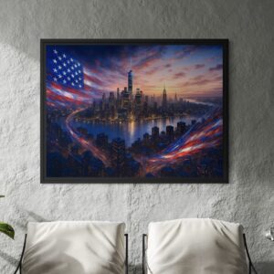 Tableau New York American Dream avec skyline de Manhattan, One World Trade Center et drapeau américain dans un intérieur contemporain