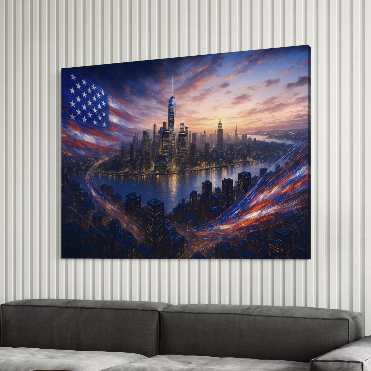 Tableau New York American Dream – Skyline Américaine | SPEKTRA Tableau New York American Dream représentant la skyline de Manhattan avec le One World Trade Center et un drapeau américain dans un salon contemporain.