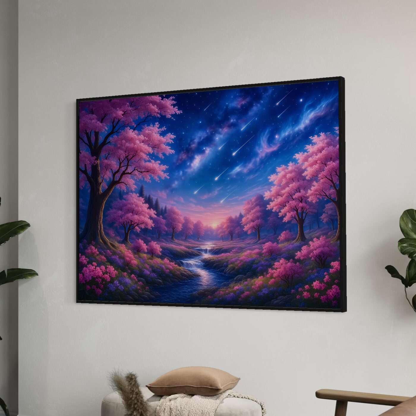 Tableau Paysage Fantastique – Nuit d'Éternité Tableau Nuit d'Éternité avec cadre noir dans un salon contemporain, paysage féerique aux arbres roses et ciel étoilé