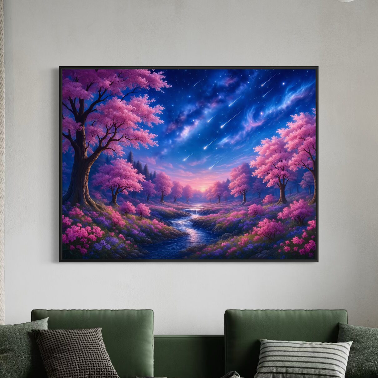 Tableau Paysage Fantastique – Nuit d'Éternité Tableau Nuit d'Éternité en décoration murale dans un salon design avec paysage féerique et ciel étoilé