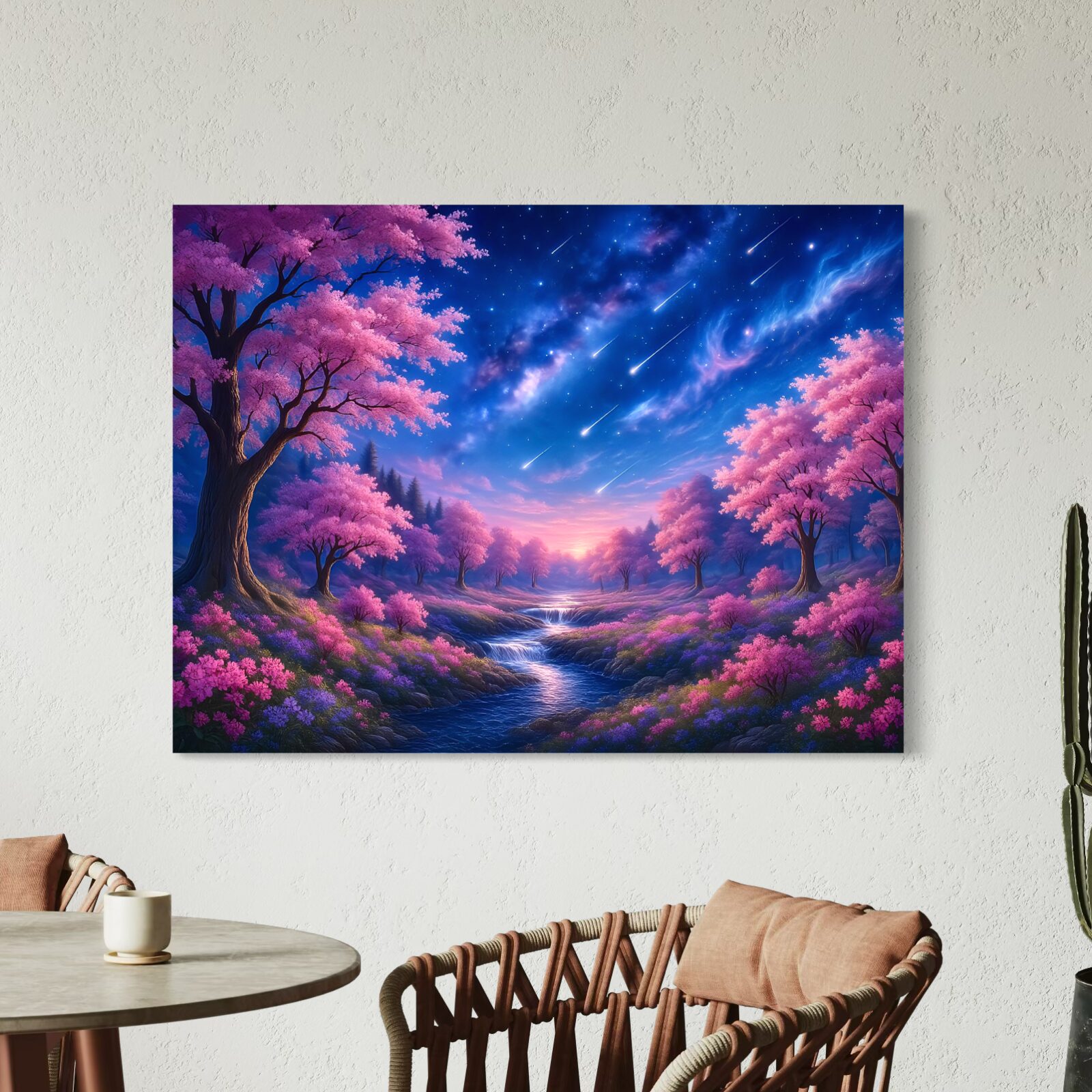 Tableau Paysage Fantastique – Nuit d'Éternité Tableau Nuit d'Éternité dans un salon moderne avec paysage féerique, arbres roses et ciel étoilé
