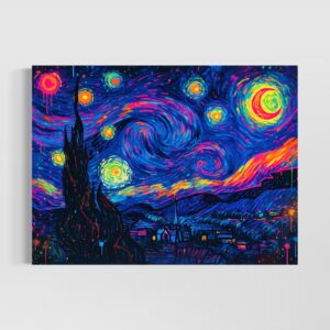 Tableau L'Écho des Étoiles inspiré de La Nuit Étoilée de Van Gogh revisité en version contemporaine avec ciel étoilé coloré, tourbillons néon et couleurs vibrantes.