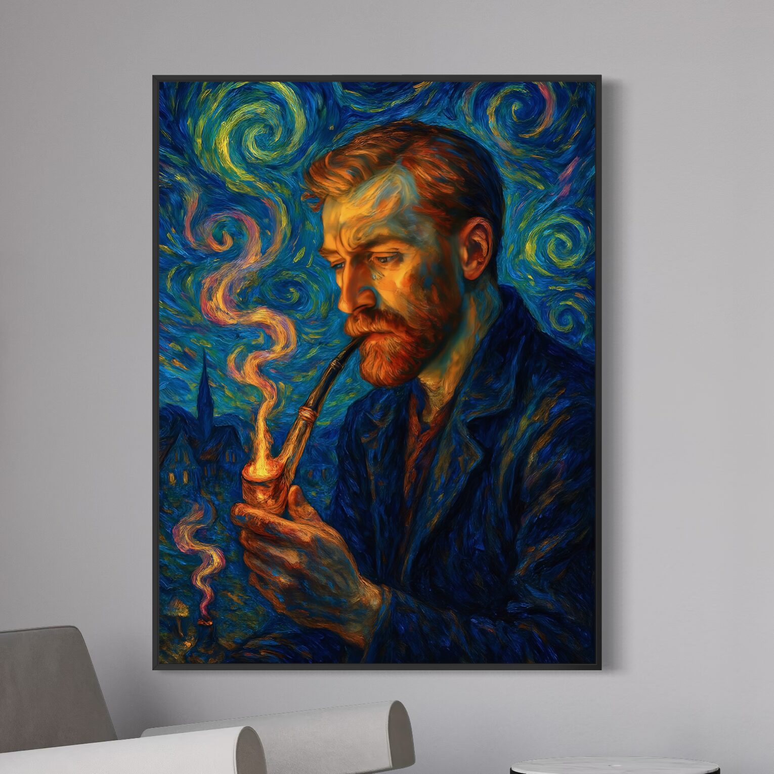 Tableau Nuits Intérieures – Portrait Expressionniste Inspiré des Nuits Étoilées | SPEKTRA Tableau Nuits Intérieures représentant un portrait d’artiste inspiré du style de Vincent van Gogh avec ciel tourbillonnant de Nuit étoilée et peinture expressionniste
