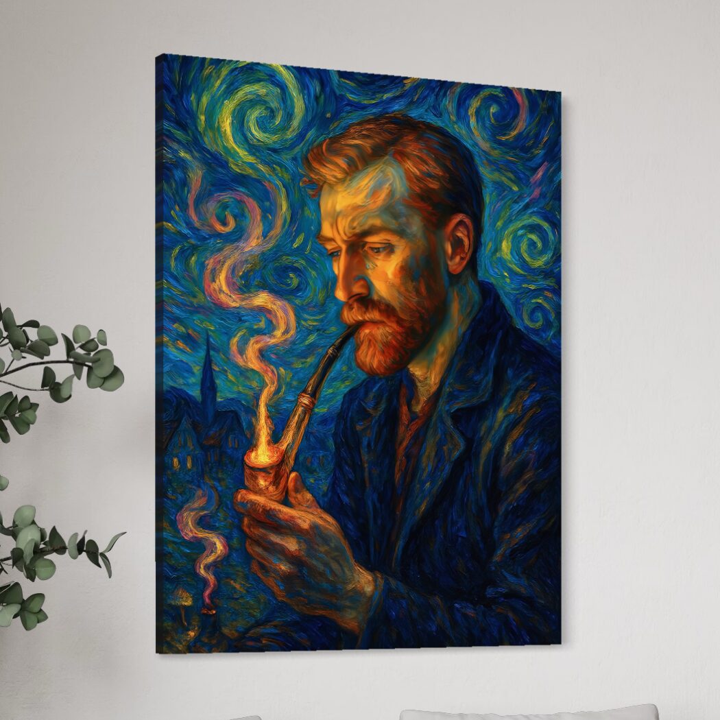 Tableau Nuits Intérieures – Portrait Expressionniste Inspiré des Nuits Étoilées | SPEKTRA Tableau Nuits Intérieures représentant un portrait d’artiste inspiré du style de Vincent van Gogh avec ciel nocturne tourbillonnant et peinture expressionniste