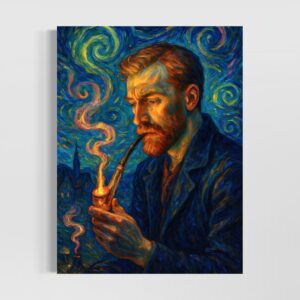 Tableau portrait expressionniste inspiré des nuits étoilées, homme pensif à la pipe dans un univers artistique bleu tourbillonnant, œuvre Nuits Intérieures par SPEKTRA