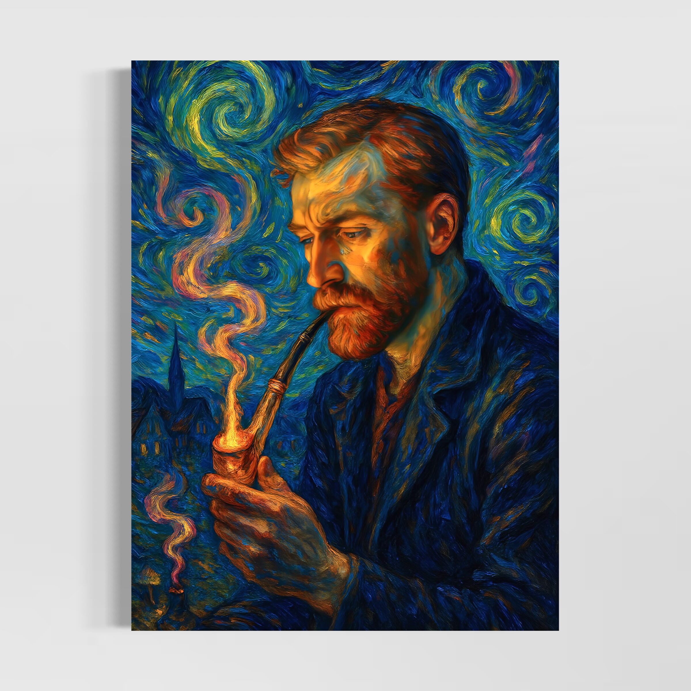 Tableau Nuits Intérieures – Portrait Expressionniste Inspiré des Nuits Étoilées | SPEKTRA Tableau portrait expressionniste inspiré des nuits étoilées, homme pensif à la pipe dans un univers artistique bleu tourbillonnant, œuvre Nuits Intérieures par SPEKTRA