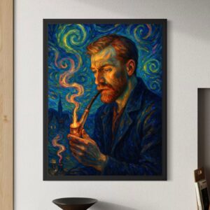 Tableau Nuits Intérieures, portrait d’artiste inspiré du style de Vincent van Gogh avec ciel tourbillonnant de Nuit étoilée et couleurs expressionnistes