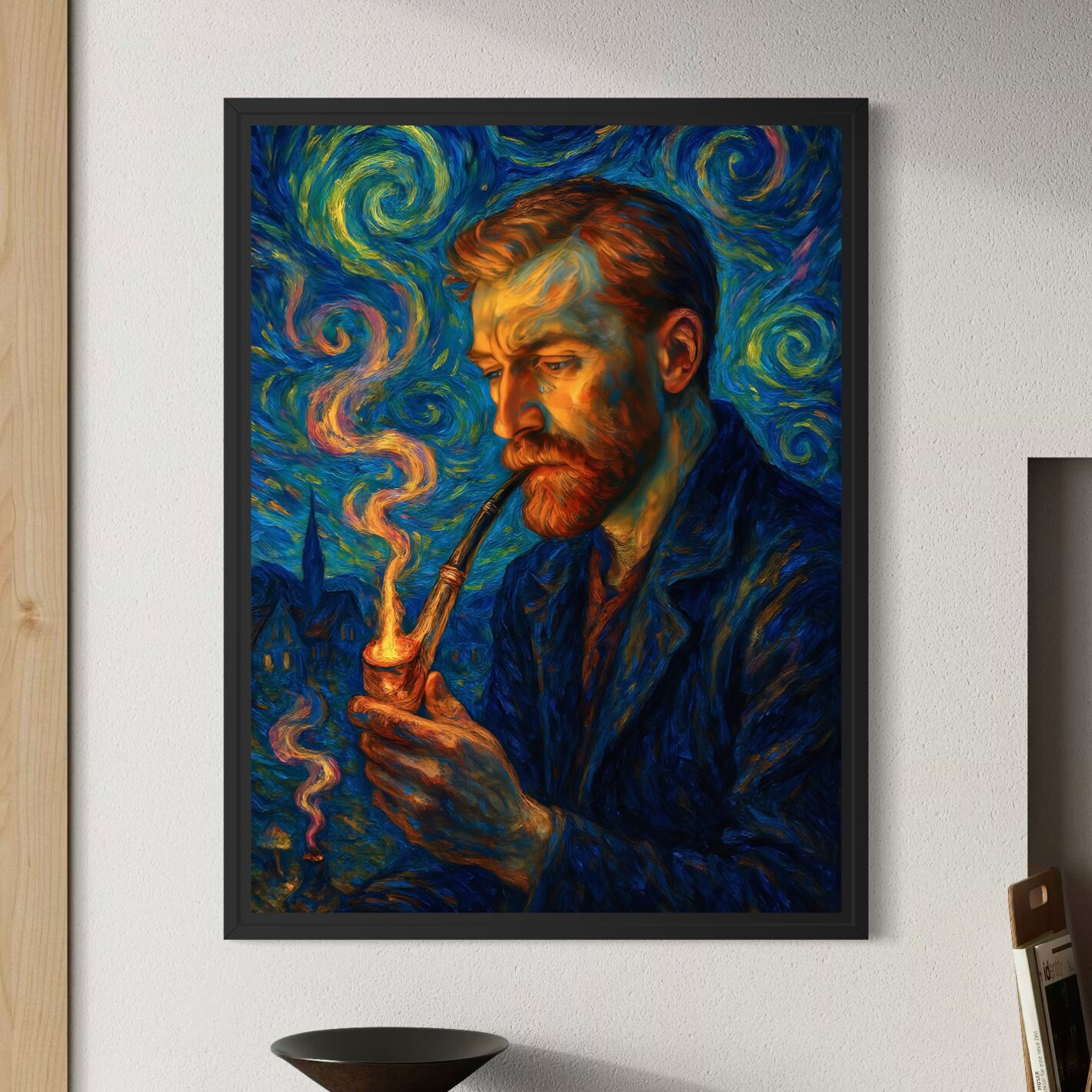 Tableau Nuits Intérieures – Portrait Expressionniste Inspiré des Nuits Étoilées | SPEKTRA Tableau Nuits Intérieures, portrait d’artiste inspiré du style de Vincent van Gogh avec ciel tourbillonnant de Nuit étoilée et couleurs expressionnistes