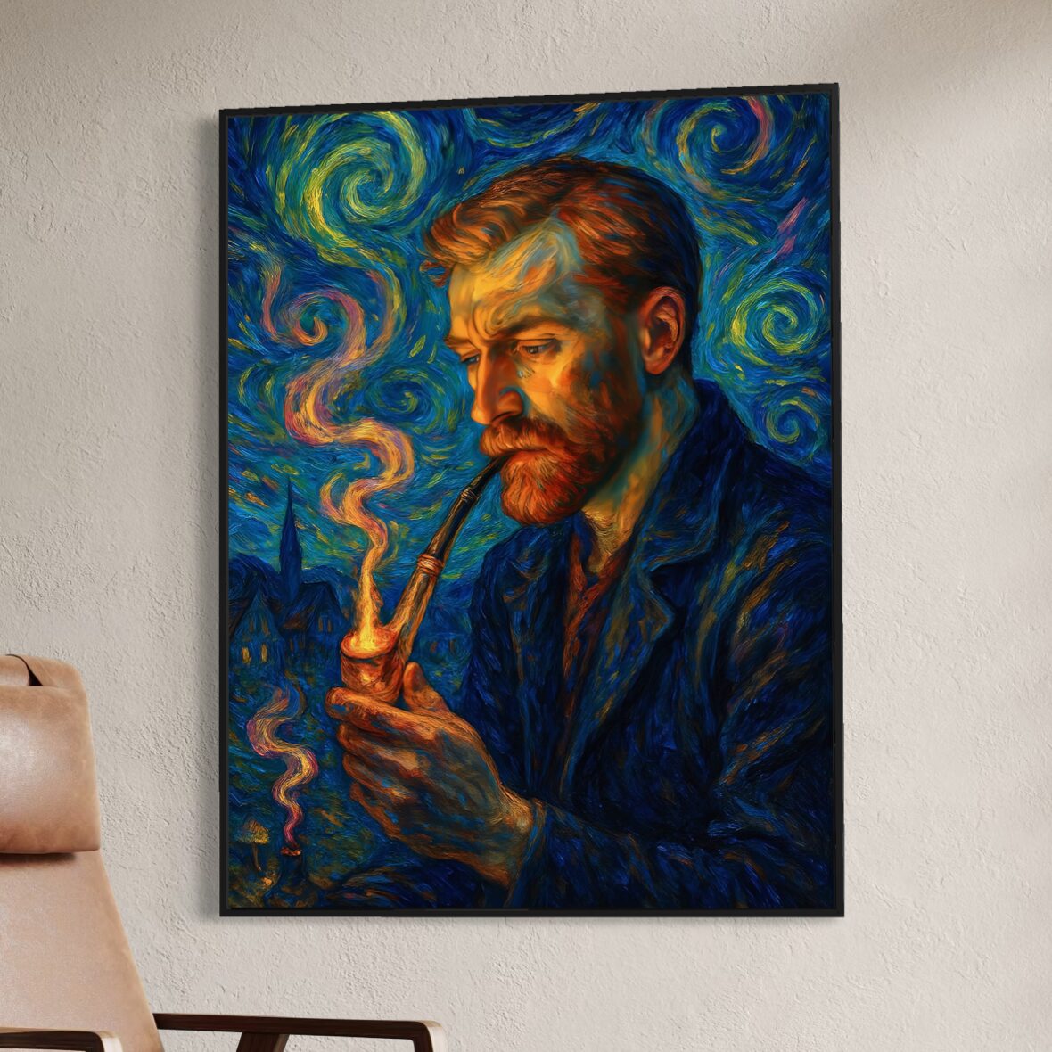 Tableau Nuits Intérieures – Portrait Expressionniste Inspiré des Nuits Étoilées | SPEKTRA Tableau Nuits Intérieures inspiré du style de Van Gogh avec cadre noir dans une décoration murale de salon contemporain