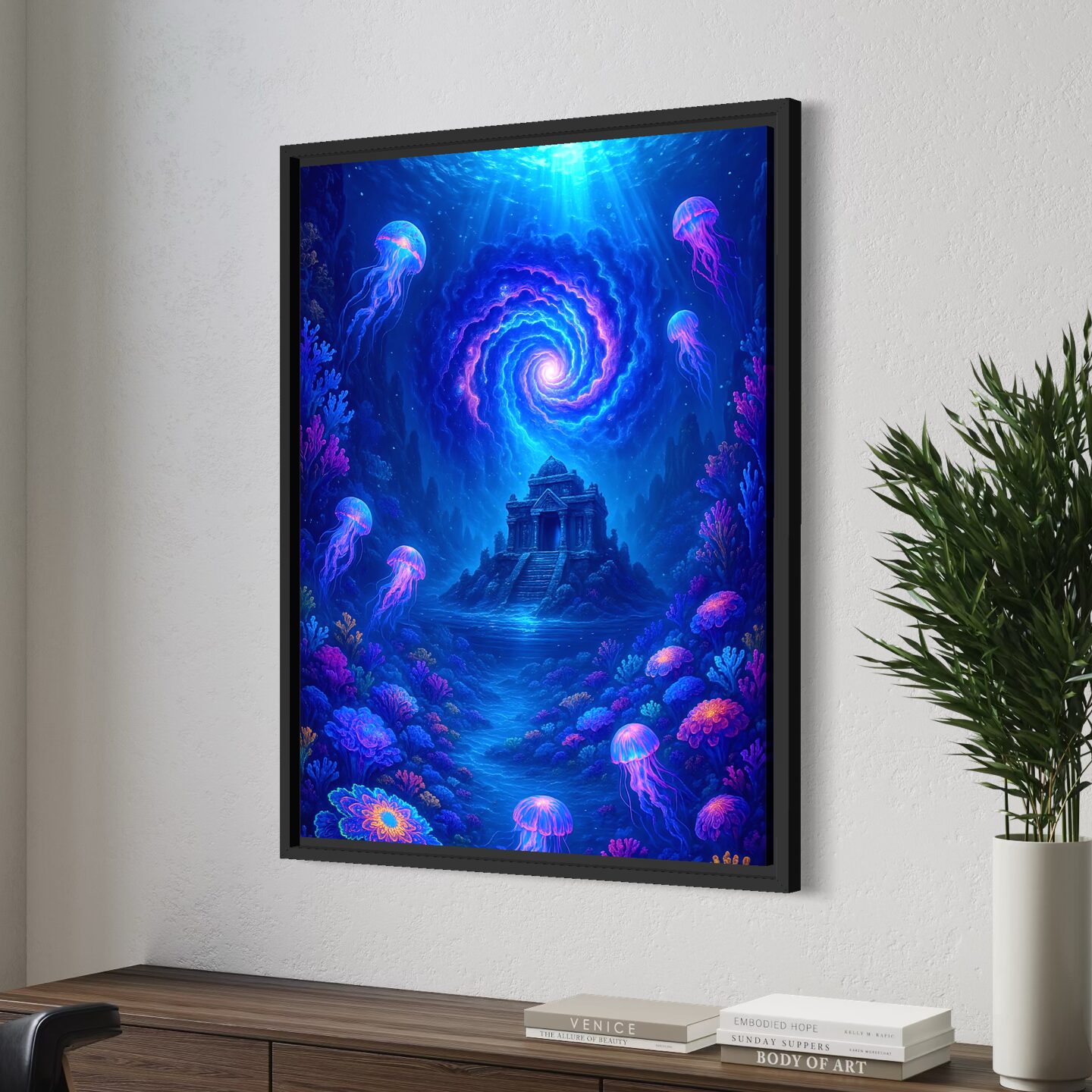 Tableau Monde Sous-Marin Appel des Abysses – Océan Fantastique | SPEKTRA Tableau océan fantastique Appel des Abysses avec temple englouti, méduses lumineuses et vortex marin mystérieux