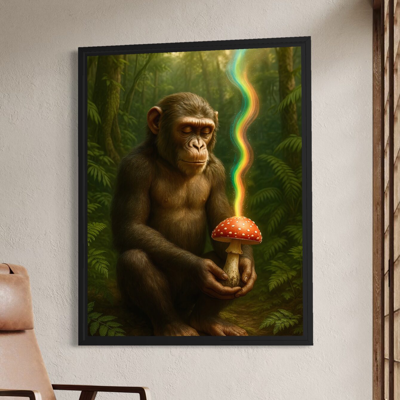 Tableau Origine Sacrée – Évolution et Éveil Spirituel | SPEKTRA Tableau Origine Sacrée encadré représentant un primate méditatif tenant un champignon sacré dans une forêt tropicale évoquant l’éveil spirituel et les origines de l’humanité