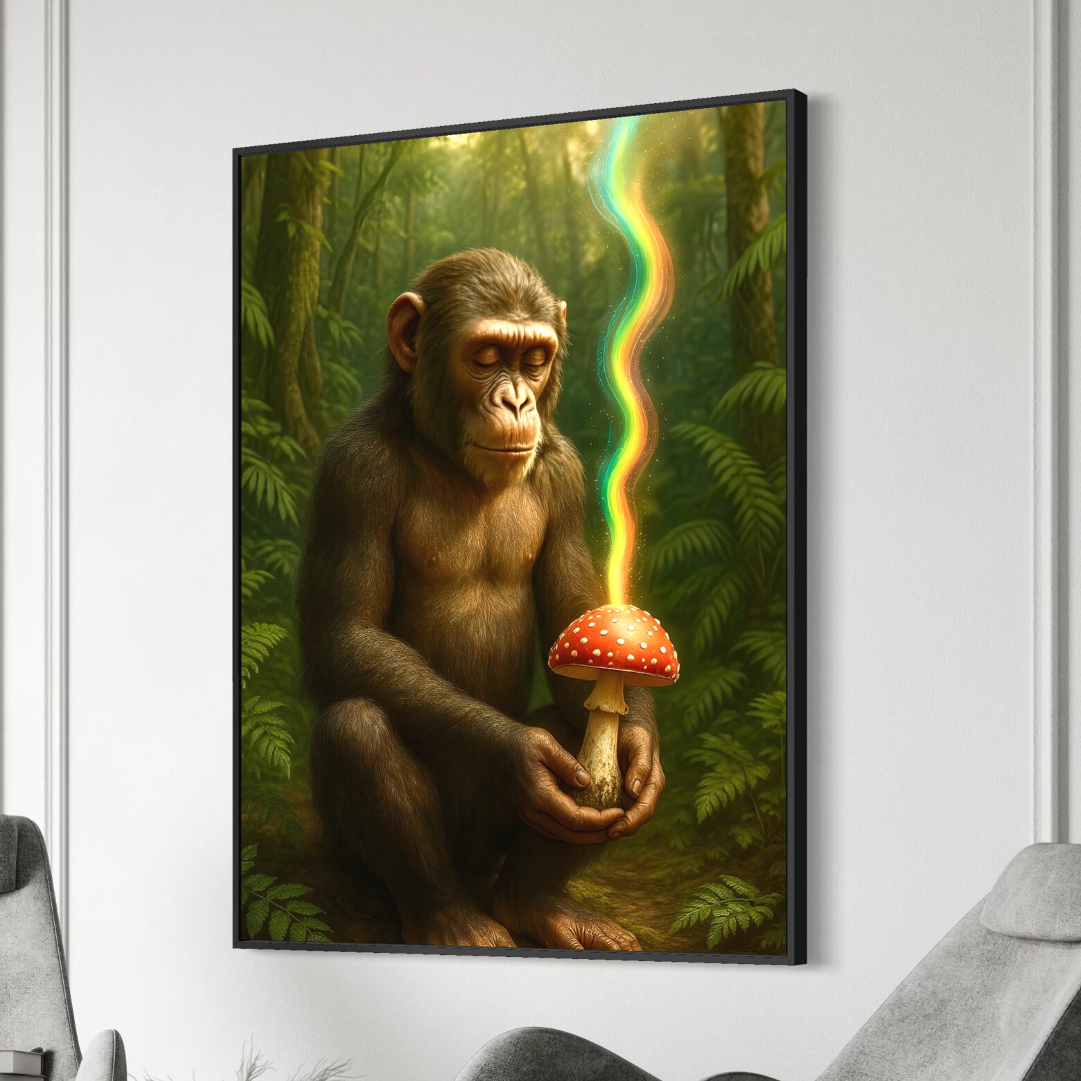 Tableau Origine Sacrée – Évolution et Éveil Spirituel | SPEKTRA Tableau Origine Sacrée encadré représentant un primate méditatif tenant un champignon sacré lumineux dans une forêt tropicale, symbole d’éveil spirituel et de conscience
