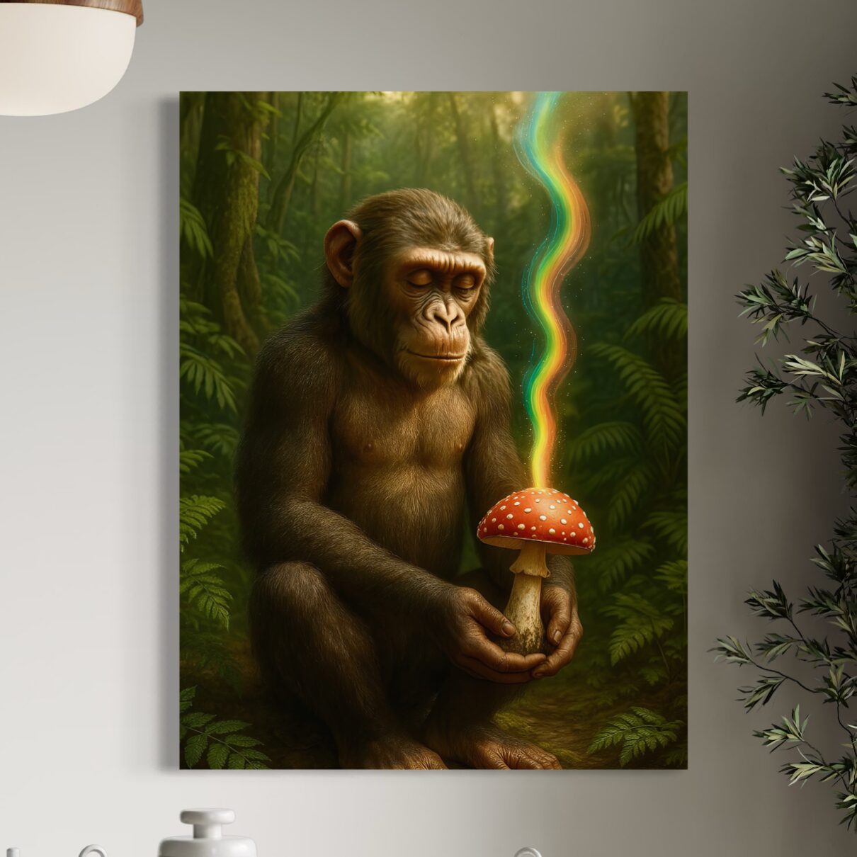 Tableau Origine Sacrée – Évolution et Éveil Spirituel | SPEKTRA Tableau Origine Sacrée représentant un primate méditatif tenant un champignon sacré dans une forêt tropicale symbolisant l’éveil spirituel, la conscience et l’évolution humaine