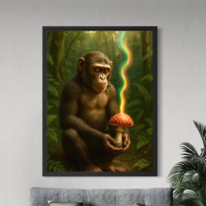 Tableau Origine Sacrée encadré représentant un primate méditatif tenant un champignon sacré dans une forêt tropicale symbolisant l’évolution humaine et l’éveil spirituel