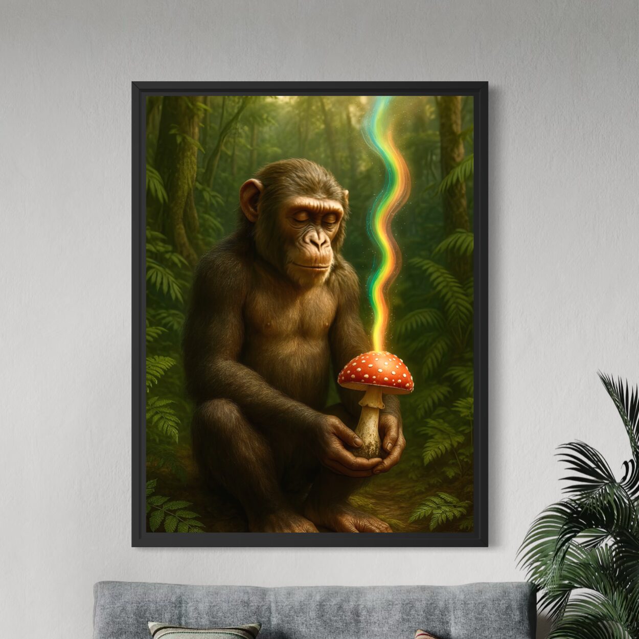 Tableau Origine Sacrée – Évolution et Éveil Spirituel | SPEKTRA Tableau Origine Sacrée encadré représentant un primate méditatif tenant un champignon sacré dans une forêt tropicale symbolisant l’évolution humaine et l’éveil spirituel