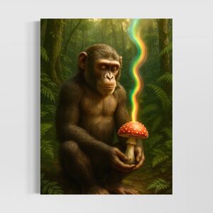 Tableau Origine Sacrée représentant un primate méditatif tenant un champignon symbolique dans une forêt luxuriante évoquant l’évolution humaine et l’éveil spirituel