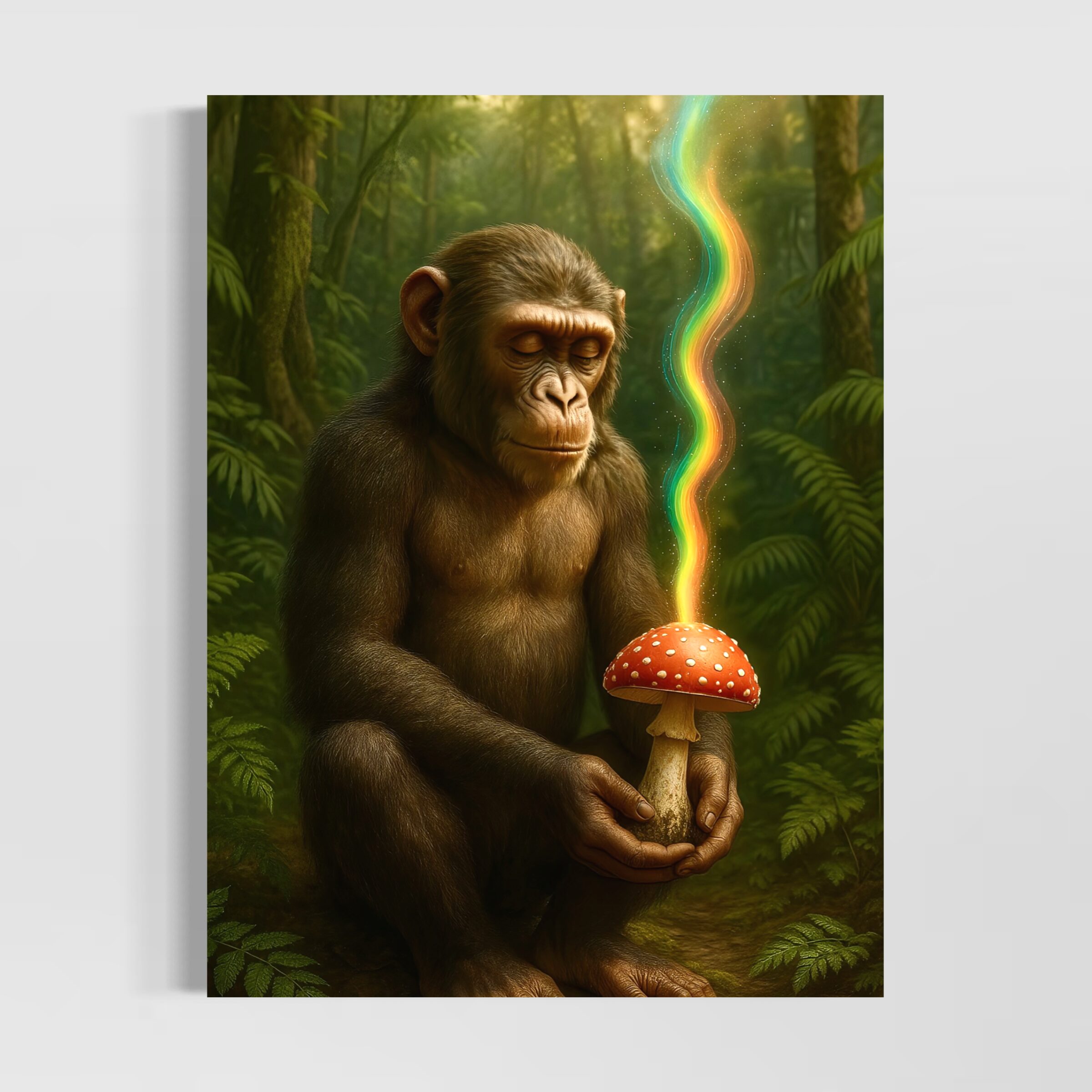 Tableau Origine Sacrée – Évolution et Éveil Spirituel | SPEKTRA Tableau Origine Sacrée représentant un primate méditatif tenant un champignon symbolique dans une forêt luxuriante évoquant l’évolution humaine et l’éveil spirituel