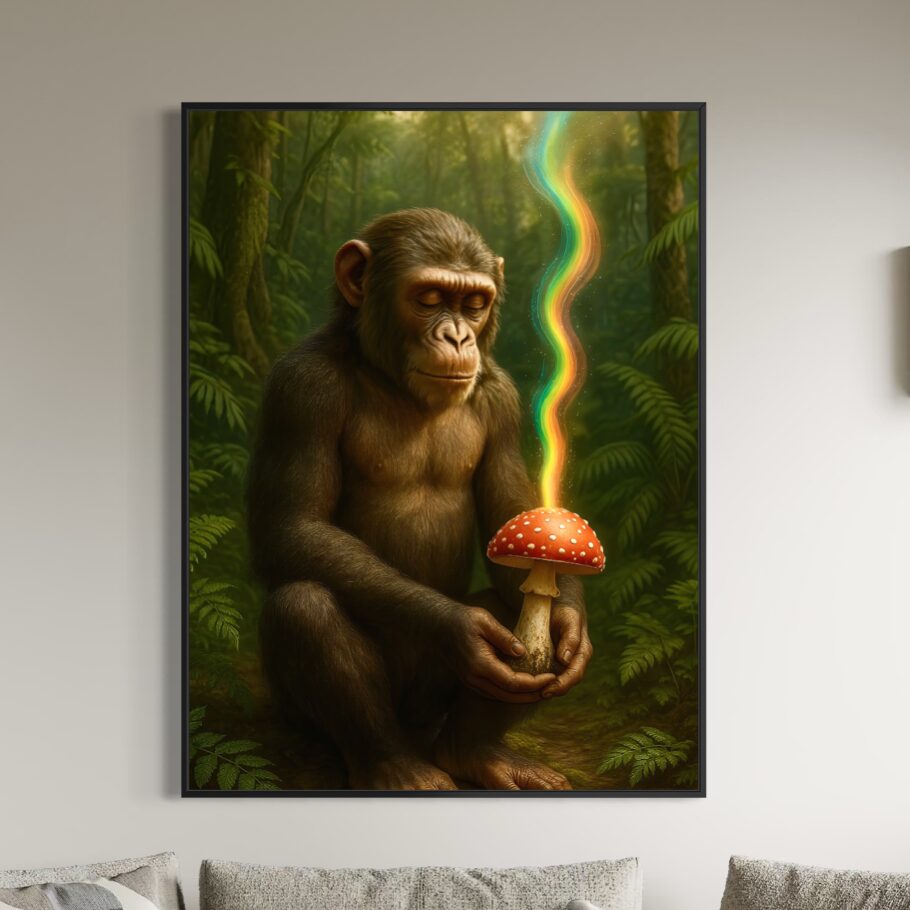 Tableau Origine Sacrée – Évolution et Éveil Spirituel | SPEKTRA Tableau Origine Sacrée encadré représentant un primate méditatif tenant un champignon symbolique dans une forêt tropicale évoquant l’évolution humaine et l’éveil spirituel