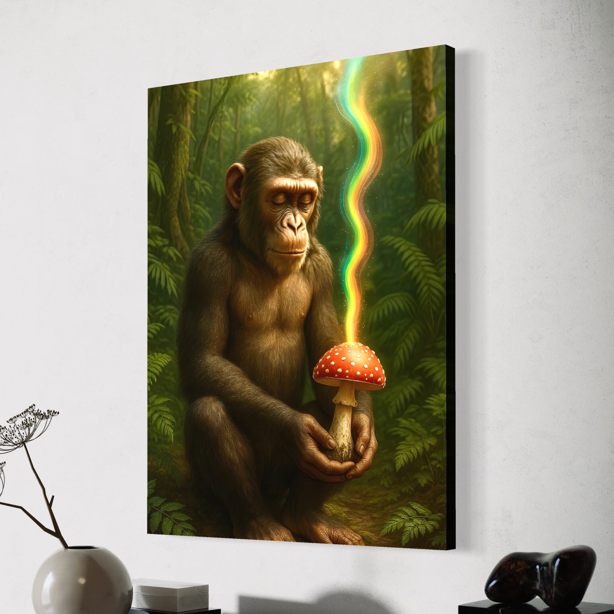 Tableau Origine Sacrée – Évolution et Éveil Spirituel | SPEKTRA Tableau Origine Sacrée sur toile représentant un primate méditatif tenant un champignon sacré dans une forêt tropicale avec lumière arc-en-ciel symbolisant l’éveil de la conscience