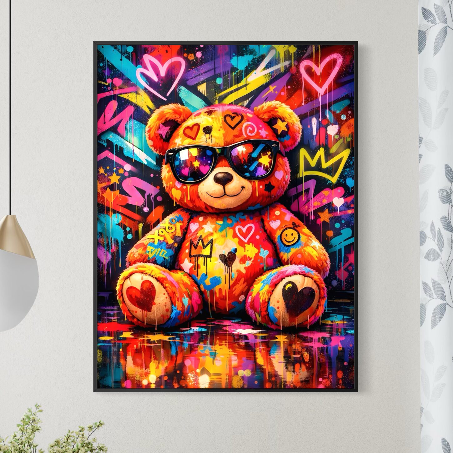 Tableau Love Teddy – Ours en Peluche Street Art Coloré Tableau Love Teddy encadré noir représentant un ours en peluche pop art avec lunettes de soleil, cœurs, graffitis colorés et symboles street art dans une décoration murale moderne.