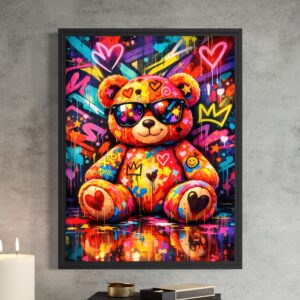 Tableau Love Teddy encadré noir représentant un ours en peluche coloré avec lunettes de soleil, cœurs, graffitis, couronne et symboles pop art dans une décoration murale street art contemporaine.