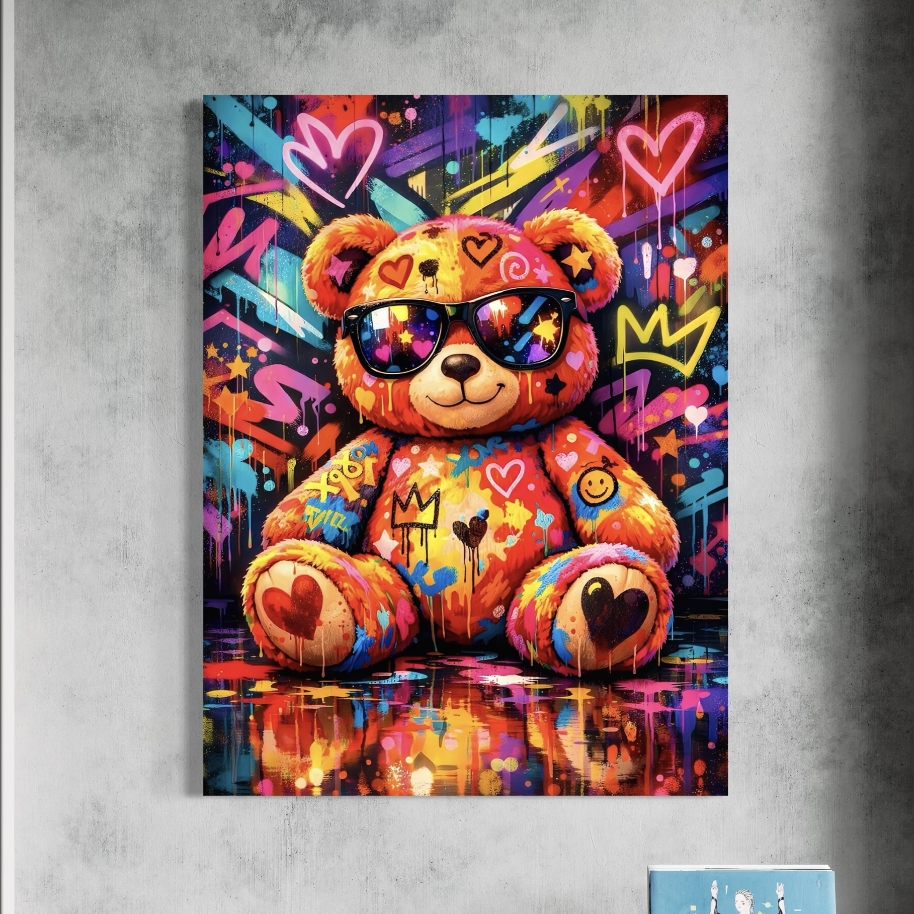 Tableau Love Teddy – Ours en Peluche Street Art Coloré Canvas mural Love Teddy représentant un ours en peluche pop art coloré avec lunettes de soleil, cœurs, graffitis, couronne et symboles street art dans une décoration murale contemporaine.