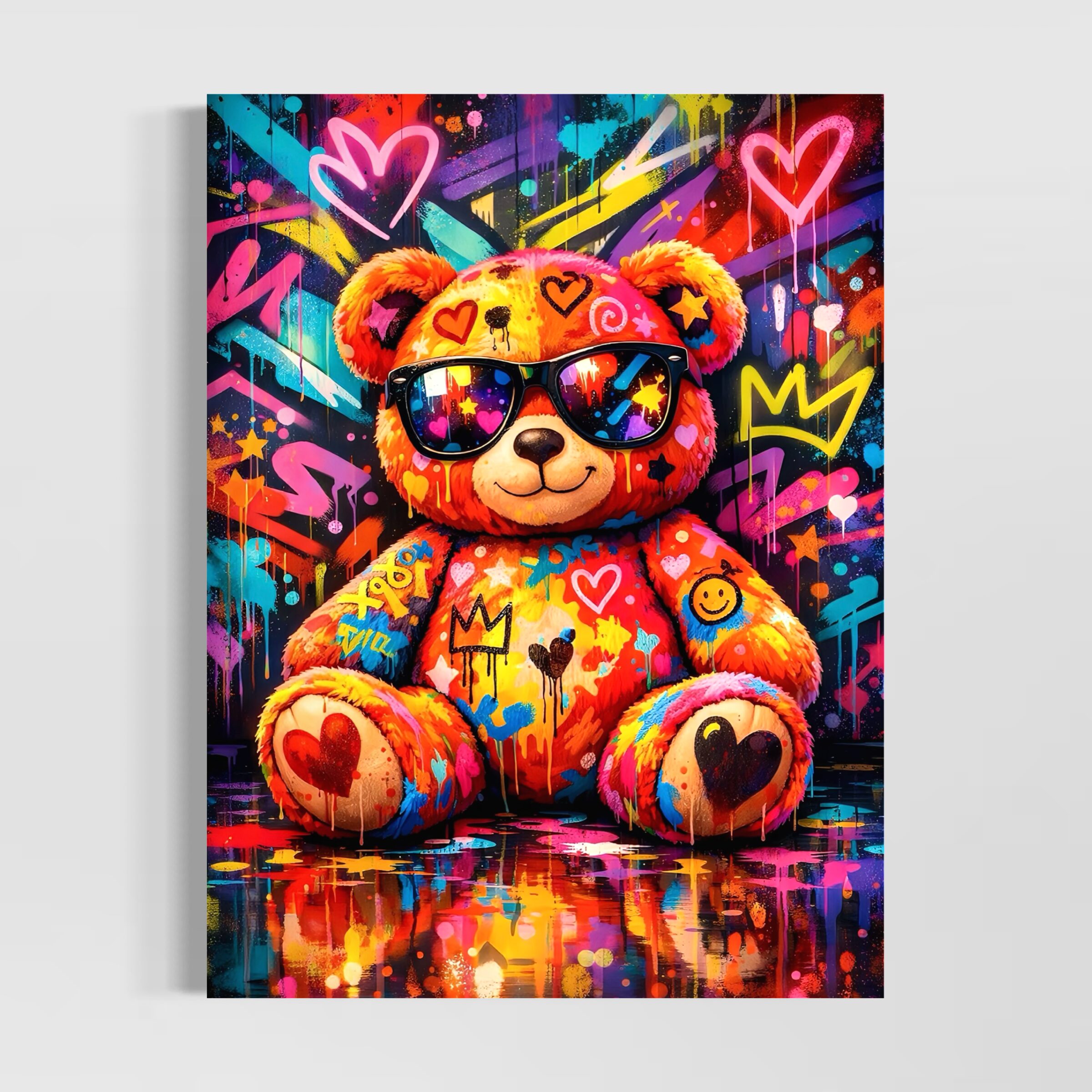 Tableau Love Teddy – Ours en Peluche Street Art Coloré Tableau Love Teddy représentant un ours en peluche coloré avec lunettes de soleil, graffitis, cœurs, couronnes et éclats pop art dans une atmosphère street art joyeuse et contemporaine.