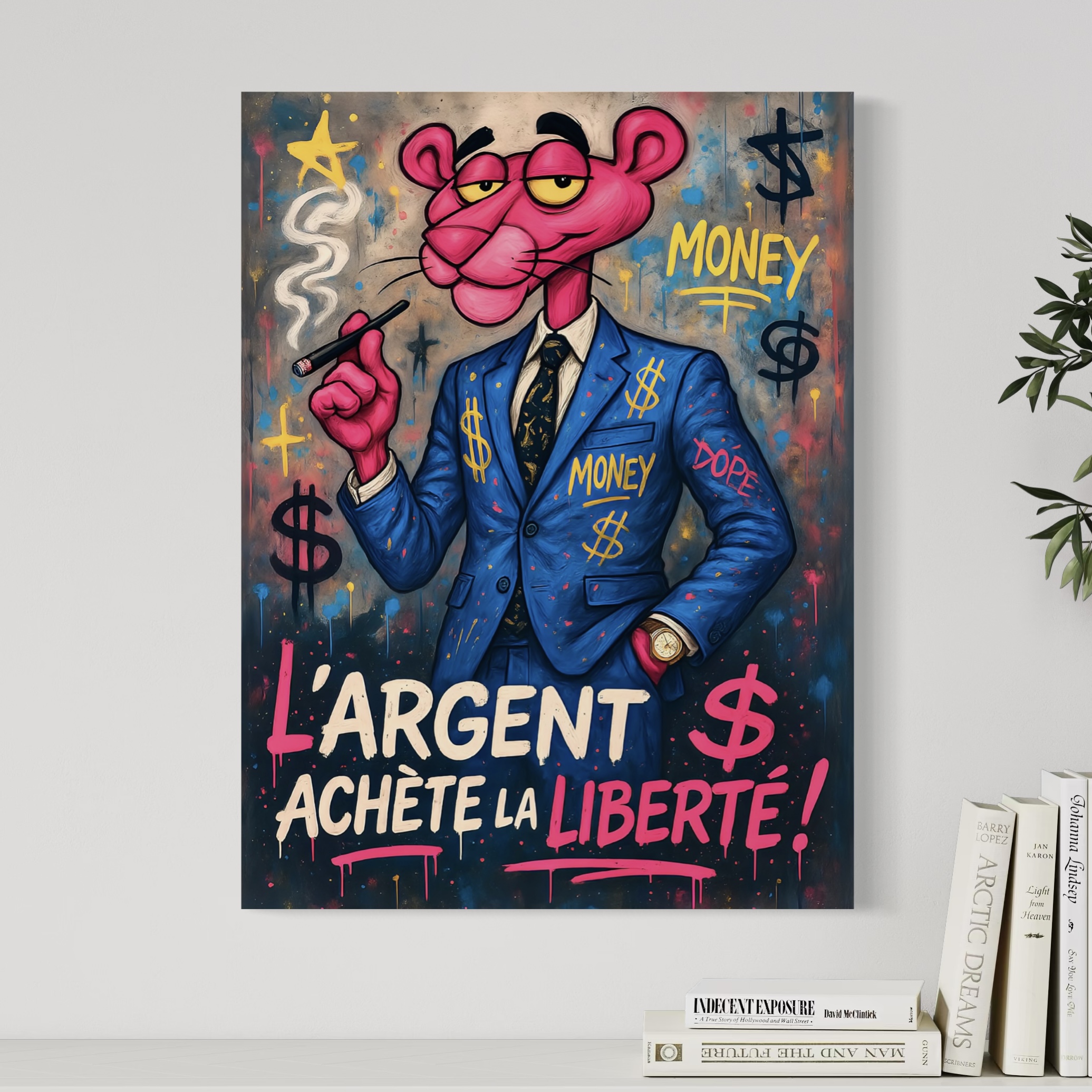 Tableau L’Affranchi – Panthère Rose Street Art et Liberté Financière Tableau street art L’Affranchi avec panthère rose en costume bleu, symboles monétaires et message sur la liberté financière
