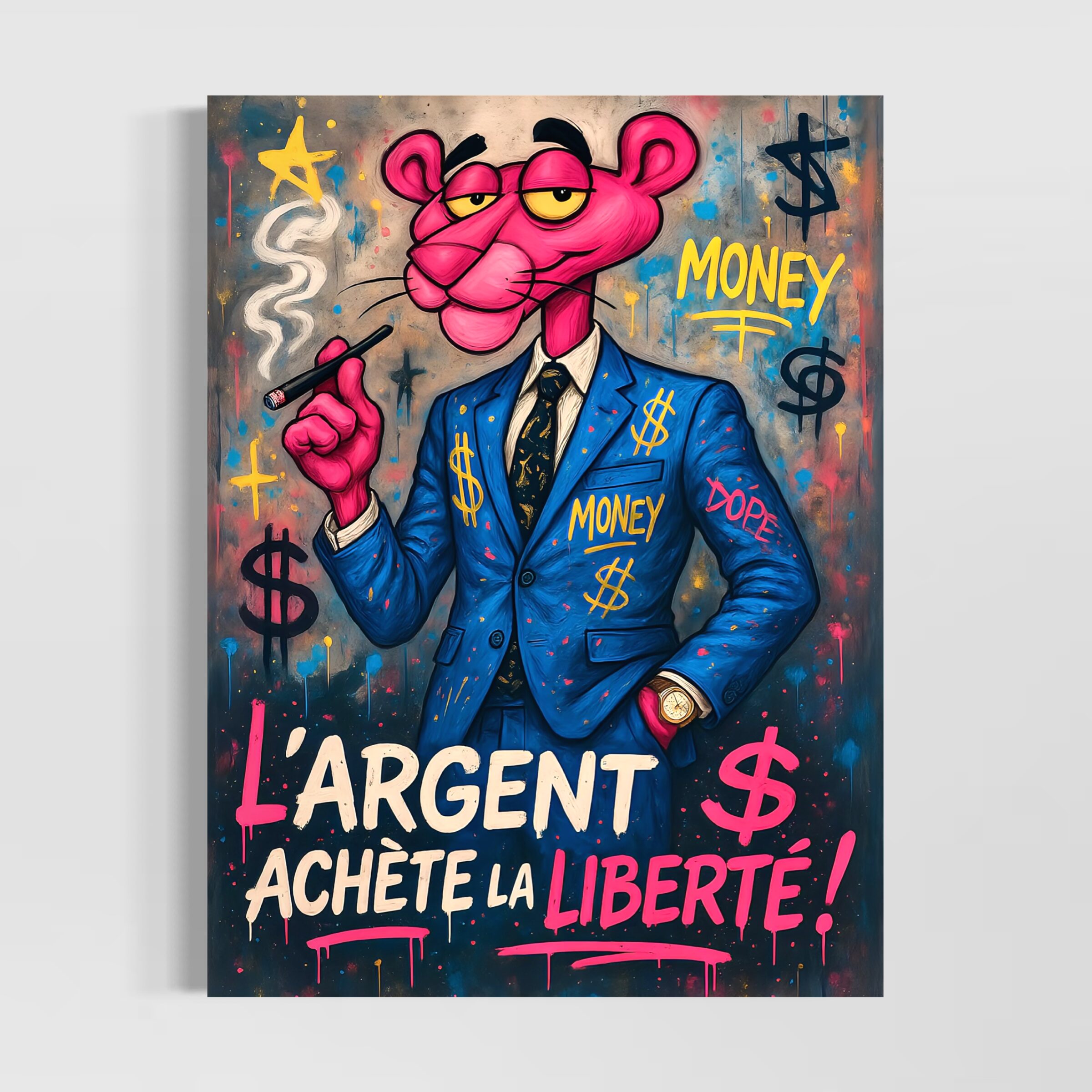 Tableau L’Affranchi – Panthère Rose Street Art et Liberté Financière Tableau L’Affranchi représentant une panthère rose en costume bleu dans un univers street art avec symboles financiers et message sur la liberté