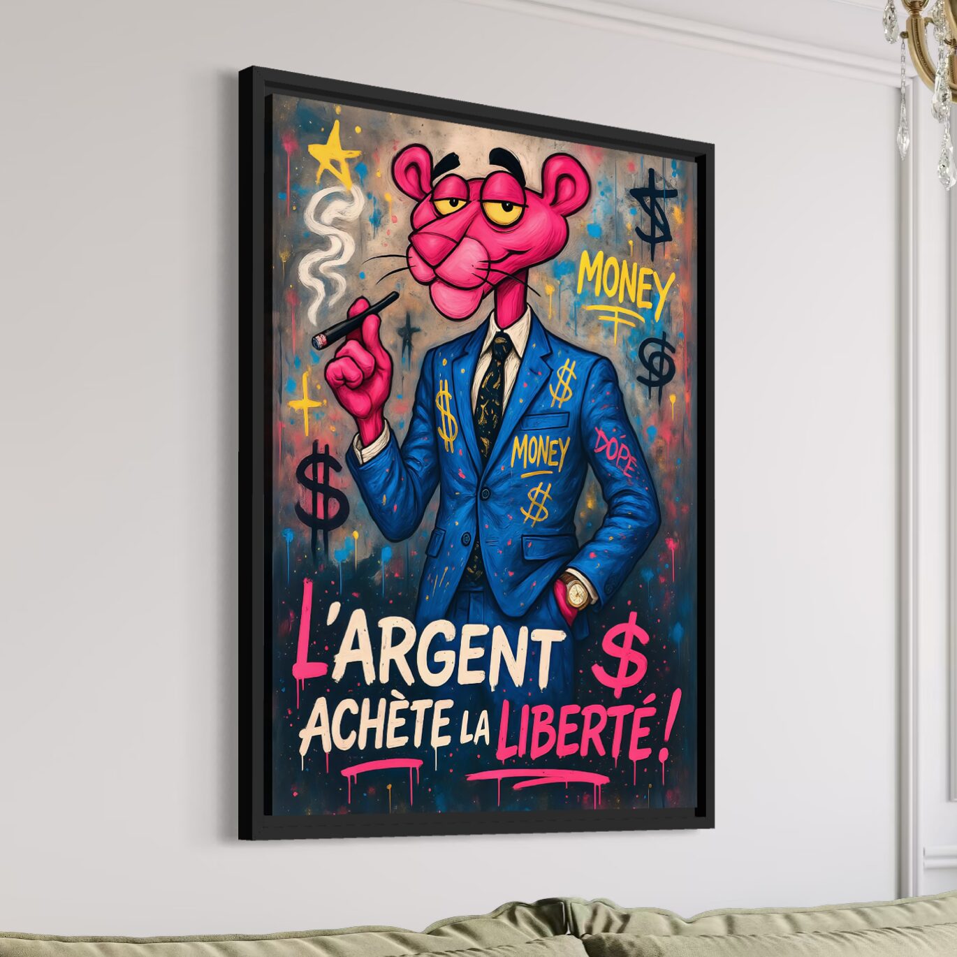 Tableau L’Affranchi – Panthère Rose Street Art et Liberté Financière Tableau street art L’Affranchi encadré représentant une panthère rose en costume avec symboles du dollar et message sur la liberté financière