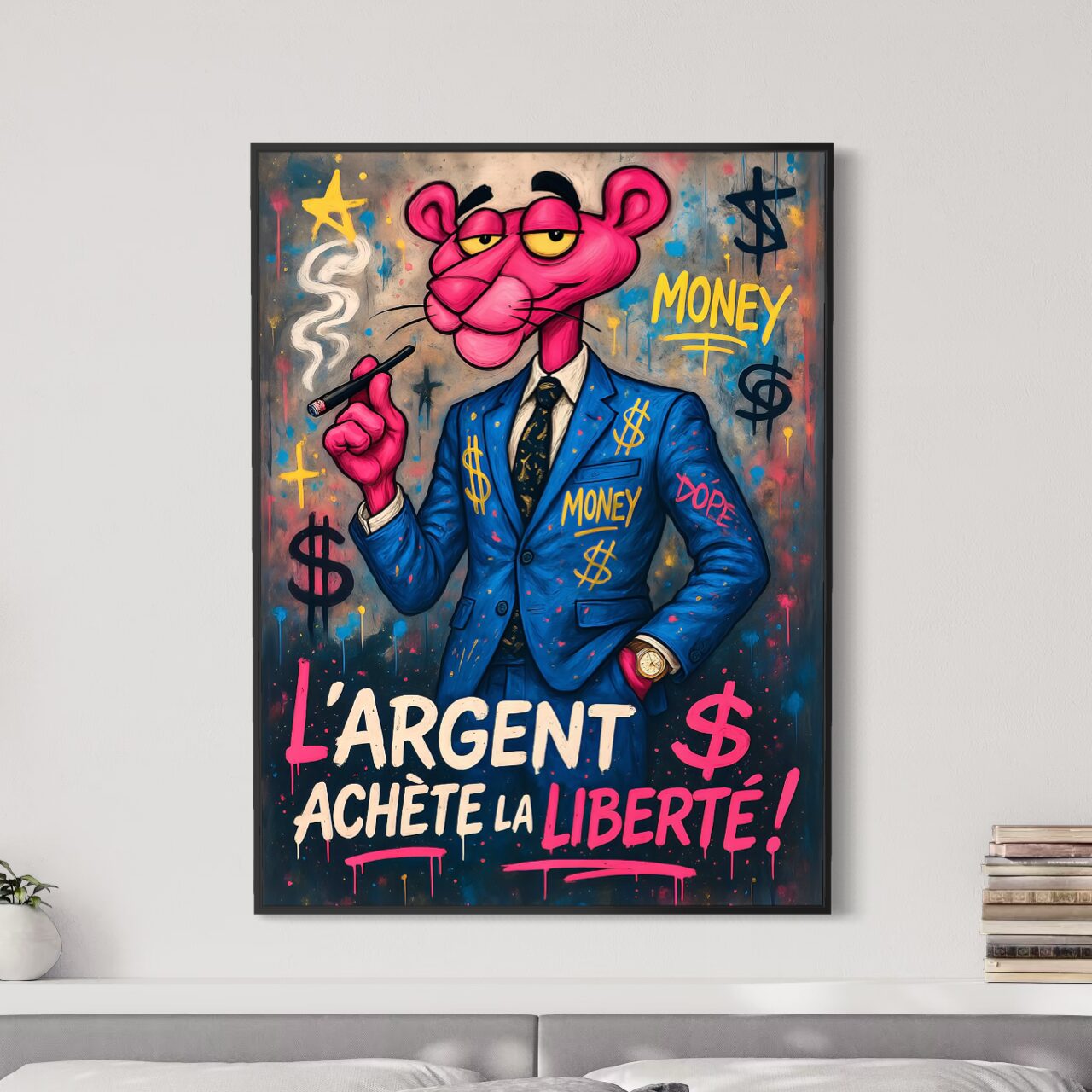 Tableau L’Affranchi – Panthère Rose Street Art et Liberté Financière Tableau L’Affranchi avec une panthère rose en costume bleu dans un univers street art symbolisant la liberté financière et la réussite