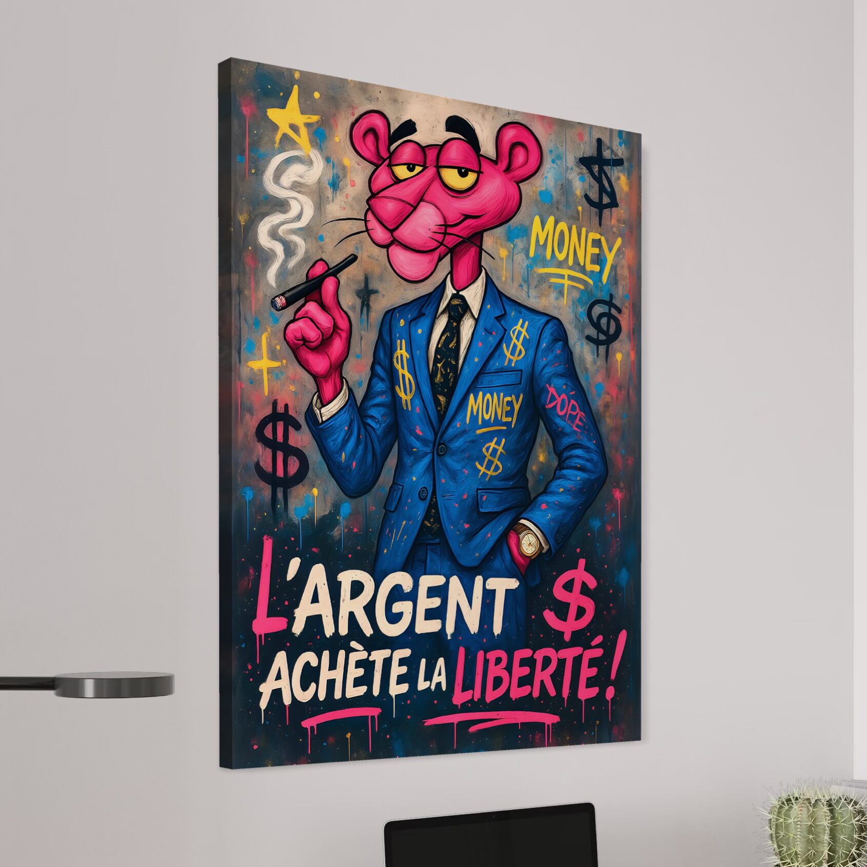 Tableau L’Affranchi – Panthère Rose Street Art et Liberté Financière Tableau street art L’Affranchi avec panthère rose en costume bleu, symboles du dollar et slogan sur la liberté financière