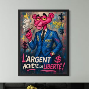Tableau street art L’Affranchi représentant une panthère rose en costume entourée de symboles financiers et du message « L’argent achète la liberté »