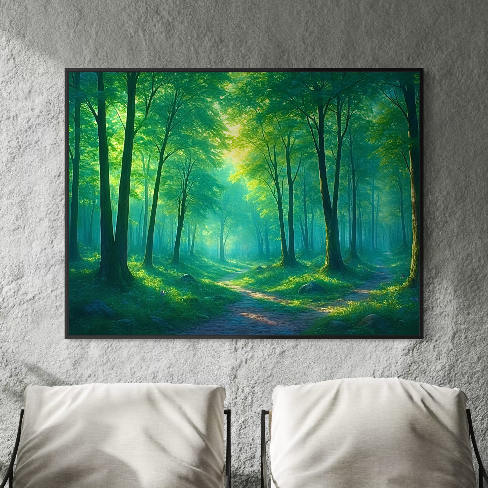 Tableau Passage Sylvestre représentant une forêt enchantée baignée de lumière verte avec des sentiers traversant un paysage naturel apaisant.