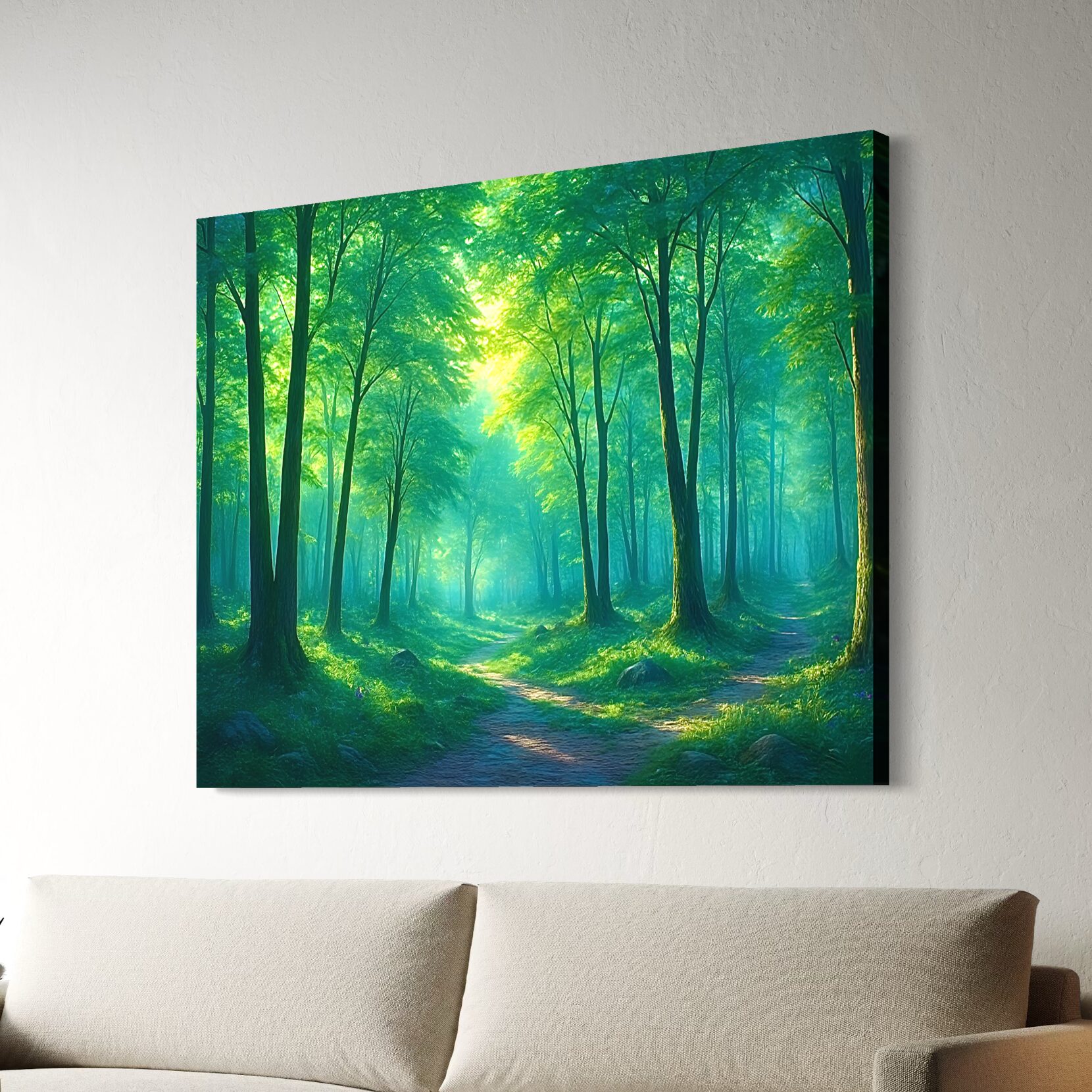 Tableau Passage Sylvestre représentant une forêt verdoyante baignée de lumière avec un sentier traversant un paysage naturel calme et ressourçant.
