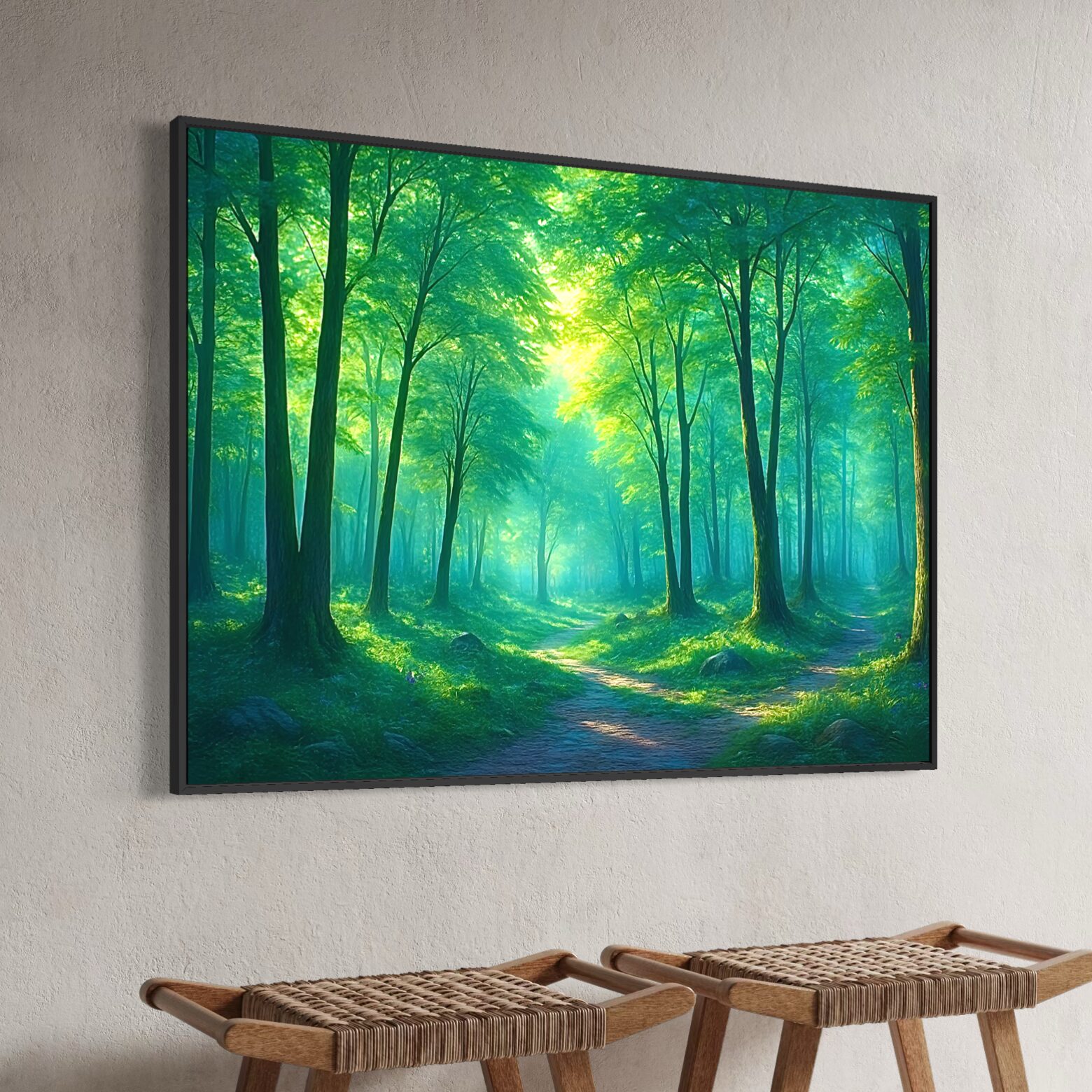 Tableau Passage Sylvestre représentant une forêt lumineuse traversée par un sentier paisible au cœur d’une nature verdoyante et apaisante.