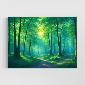 Tableau Passage Sylvestre représentant une forêt lumineuse traversée par un chemin paisible baigné de lumière verte et d’une atmosphère naturelle apaisante.