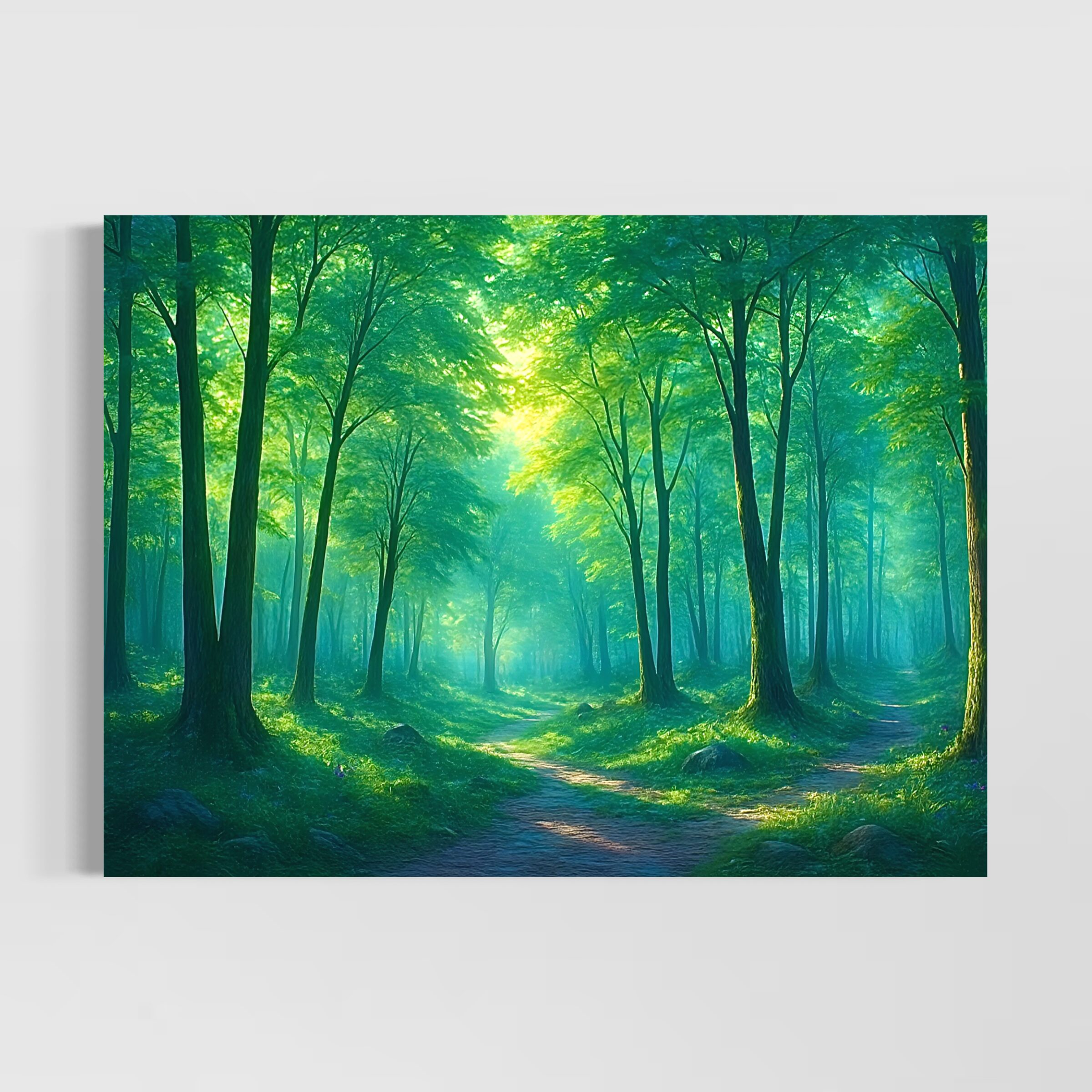 Tableau Passage Sylvestre représentant une forêt lumineuse traversée par un chemin paisible baigné de lumière verte et d’une atmosphère naturelle apaisante.