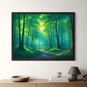 Tableau Passage Sylvestre représentant une forêt lumineuse traversée par un sentier paisible au cœur d’une nature verdoyante baignée de lumière.