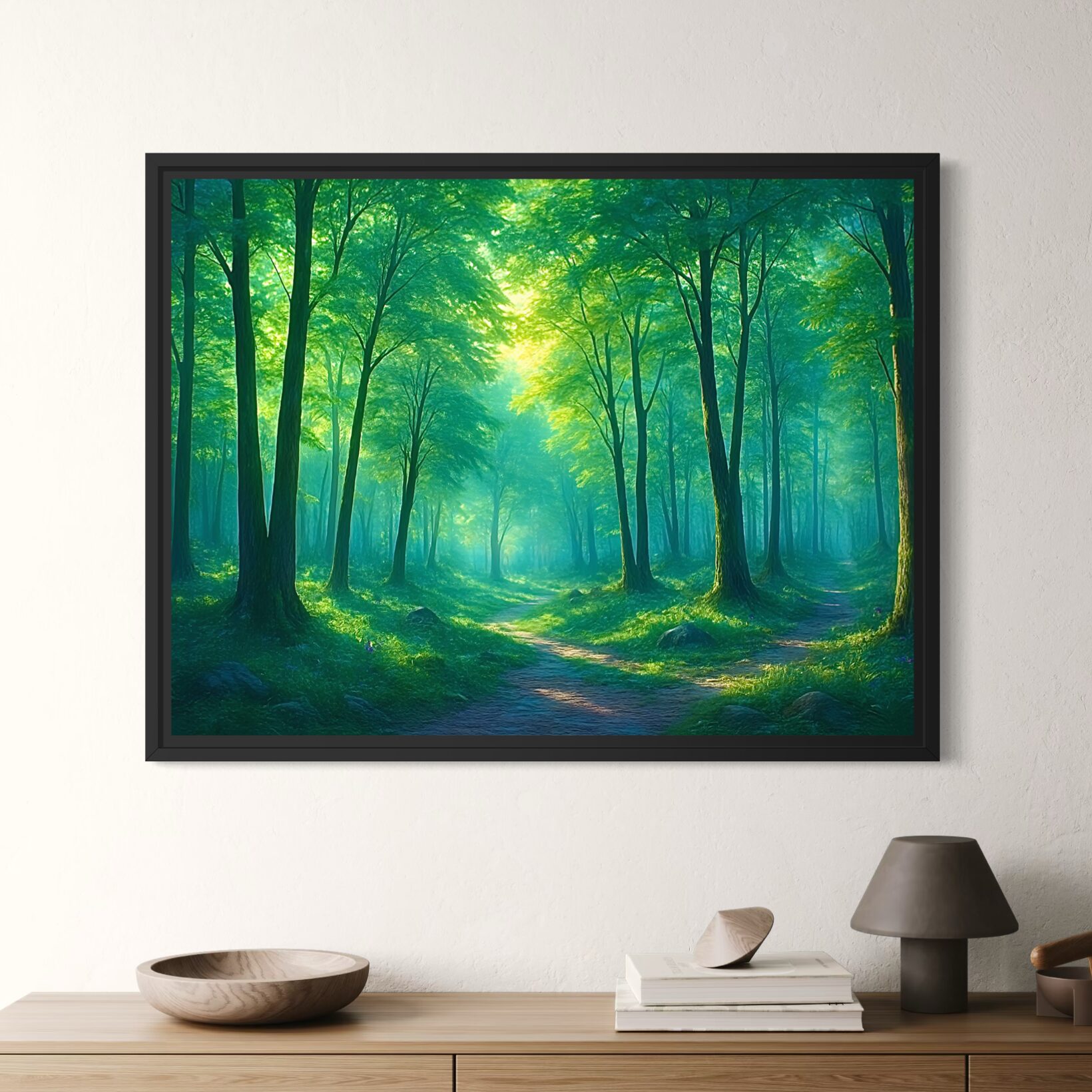 Tableau Passage Sylvestre représentant une forêt lumineuse traversée par un sentier paisible au cœur d’une nature verdoyante baignée de lumière.