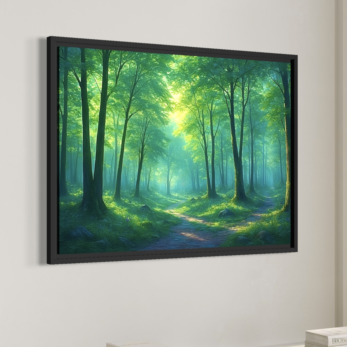 Tableau Passage Sylvestre représentant une forêt verdoyante traversée par un chemin lumineux au cœur d’un paysage naturel paisible et harmonieux.